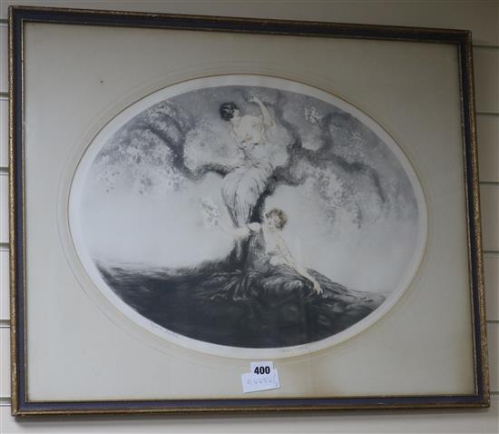 Louis Icart, drypoint etching, beauties beside a tree, signed in pencil, 36 x 48cm